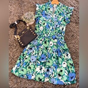 PINCH floral blue and green ruffle sleeve cinched waist mini dress size L NWT